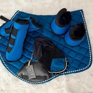 Marine Blue Saddle pad, Fly veil, Brushing Boots and bell boots